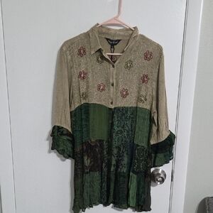 Embroidered Patchwork Button Down Shirt - Green and Beige